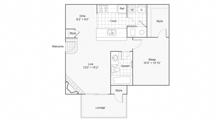 Floor plan for 1 bed, 1 bath, 688 sqft